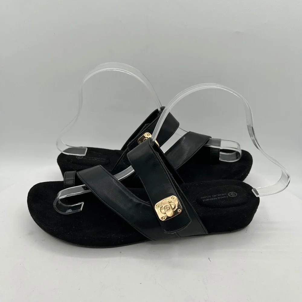 Giani Bernini Rilleyy Black Toe Loop Wedge Sandals Gold‎ Hardware Womens 7.5 New